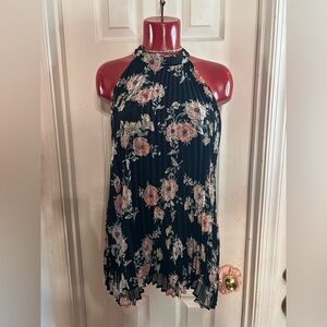 Lily Black Pleated Mock-Neck Keyhole Back Multi Floral Halter Top Blouse-XL